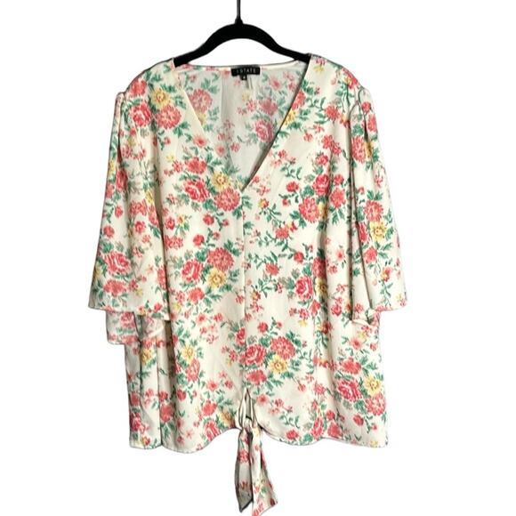 1. State Dark Pink and Green Floral V Neck Blouse Tie Front Plus Size 3X - Picture 1 of 8